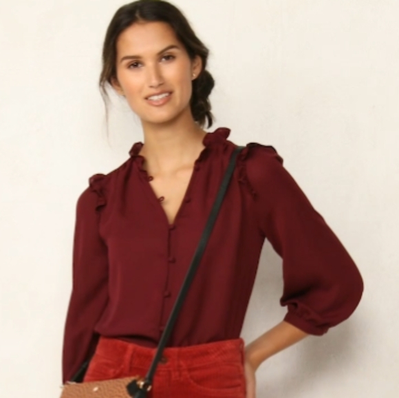 LC Lauren Conrad Tops - Lauren Conrad burgundy button front ruffle blouse size XL.